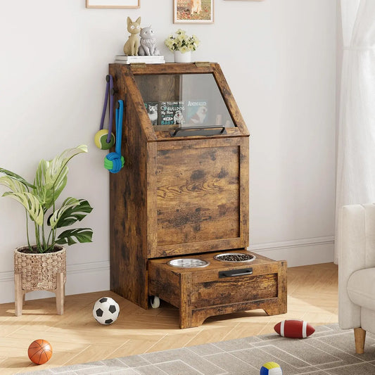 Hign-concerned Dog Feeding Station With 2 Elevated Bowls Cabinet