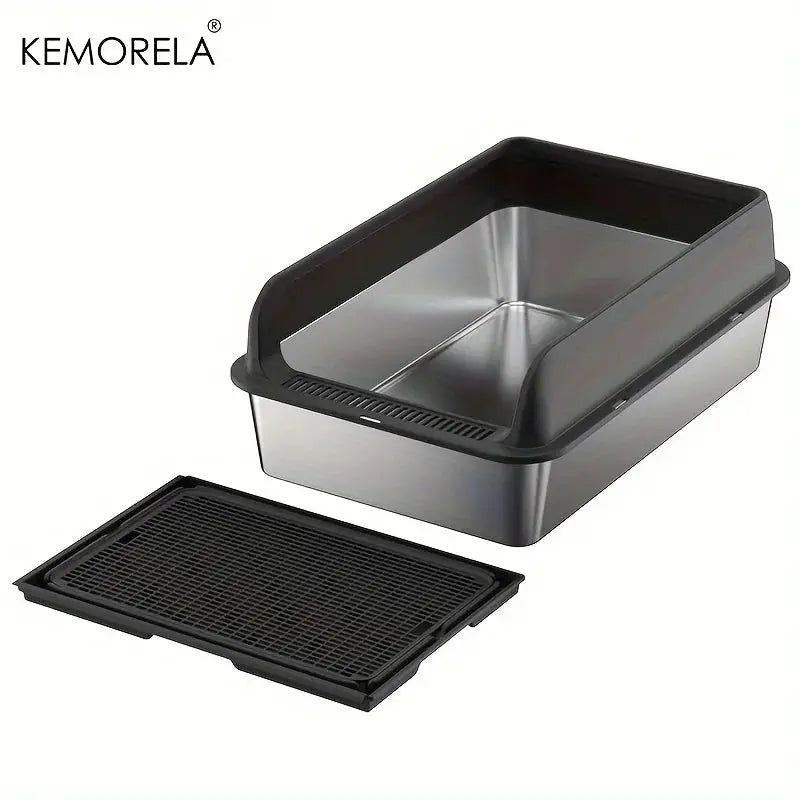 KEMORELA EXtra Large Stainless Steel Cat Litter Box with Lid - Enclosed LitterPan High-Sided Resistant Leak-Proof Cat Litter Mat by Furtastic Pet Essentials