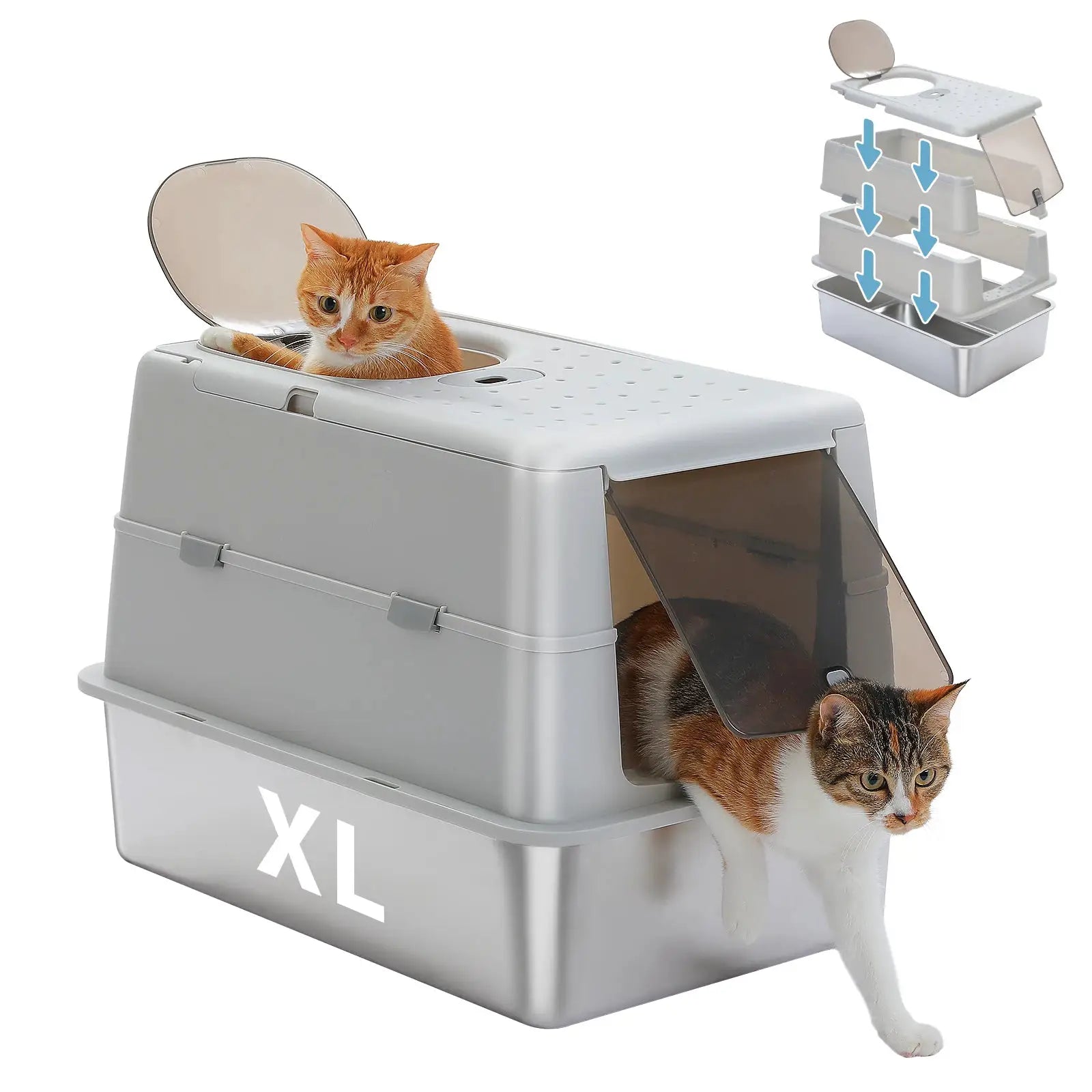 Stainless Steel Cat Litter Box with Scoop, High Sides Large Enclosed Litter Box for Indoor, Front & Top Dual Entry for Big Cats by Furtastic Pet Essentials