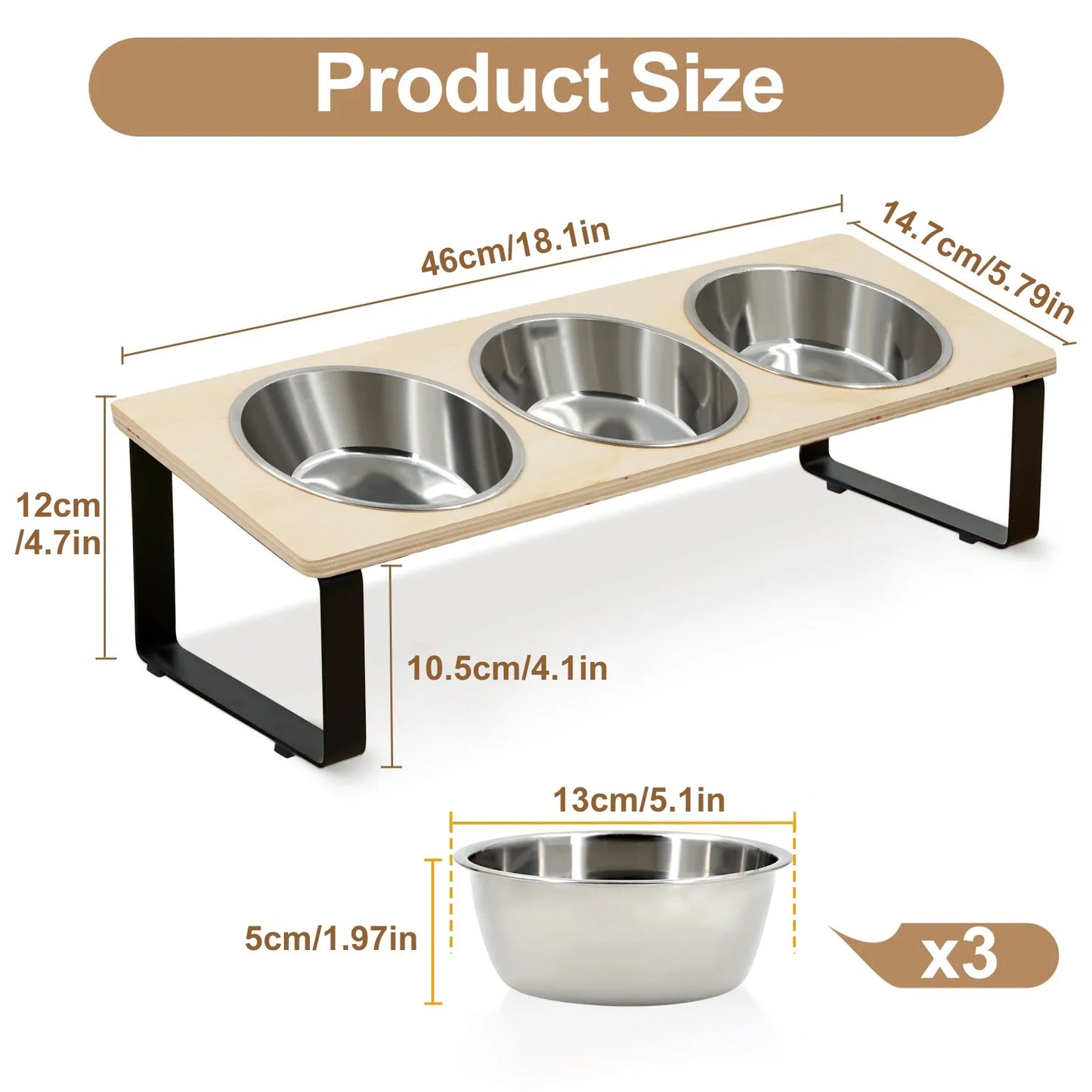 PETRAVEL Tilted Elevated Cat Bowls 3 Stainless Steel With Stand