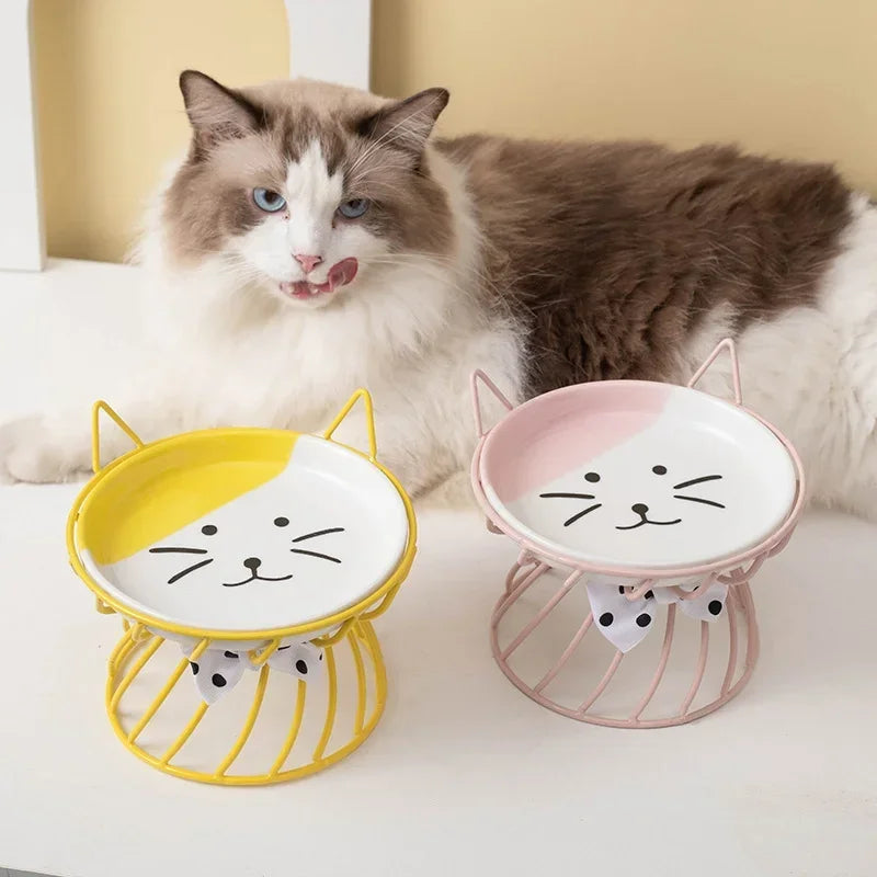 Hign-concerned Ceramic Cat Bowl High-Foot Neck Guard Food Bowl