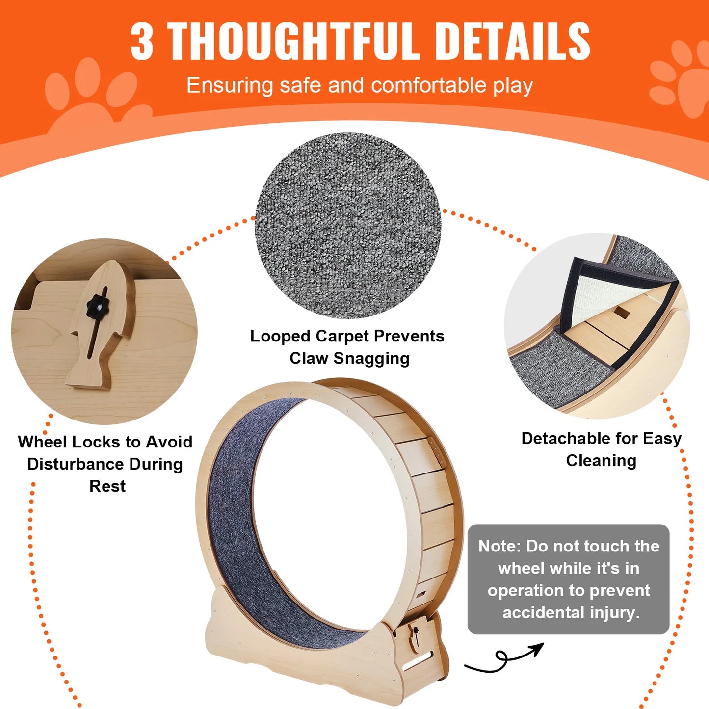 Wooden Cat Exercise Wheel for Indoor Cats with Detachable Carpet and Teaser