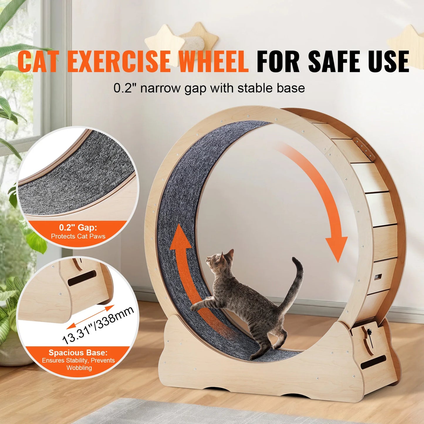 Wooden Cat Exercise Wheel for Indoor Cats with Detachable Carpet and Teaser