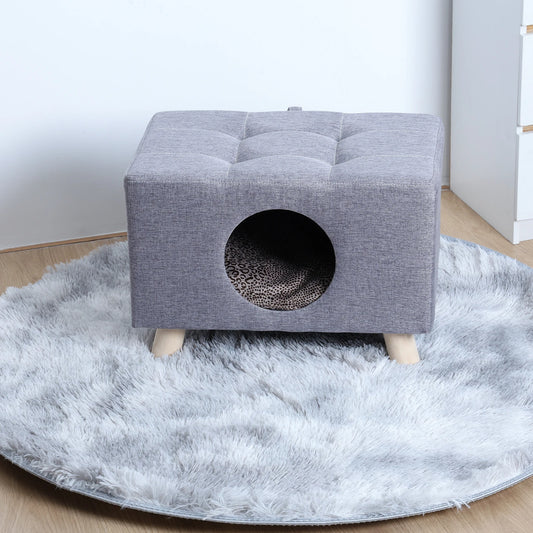 Wooden Cat House Cube Bed With Mat Cushion For Cats And Dogs