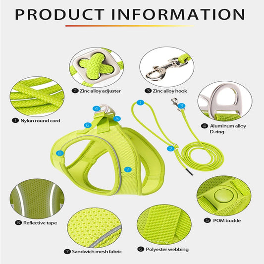 Small Combination Harness Leash Set Reflective Adjustable For Small Dogs