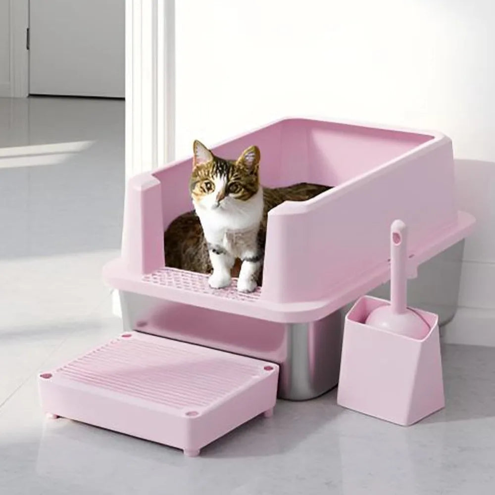 Stainless Steel Litter Box Open Top Tray Odor Control For Cats