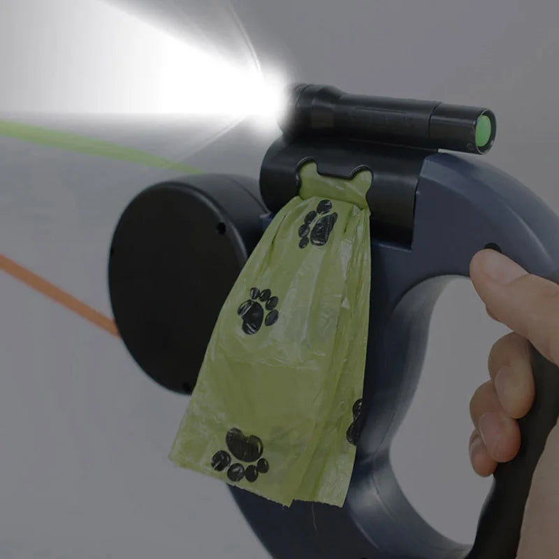 3in1 Automatic Retractable Dog Leash With Flashlight Poop Bag Dispenser