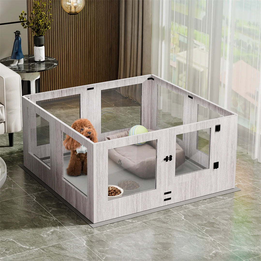 High-Concerned Tempered Glass Pet Whelping Box With Waterproof Pad Playpen