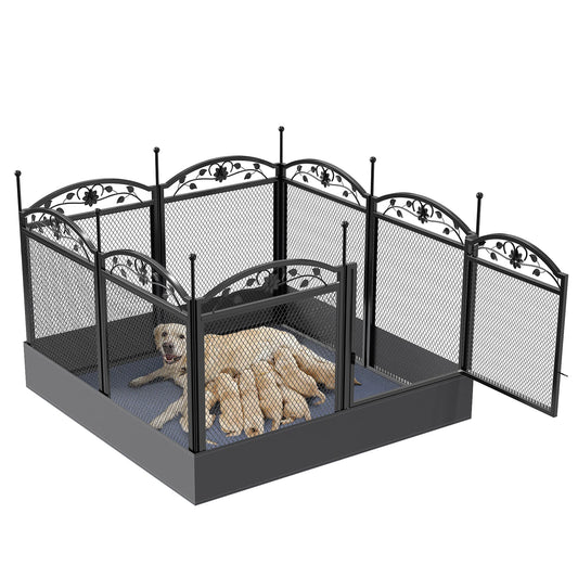 BINGOPAW 8 Panel Metal Dog Playpen With Gate Whelping Box And Fertility Mat