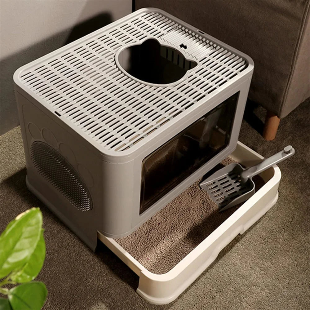 Feature Hooded Cat Litter Box Top Entry Enclosed Potty