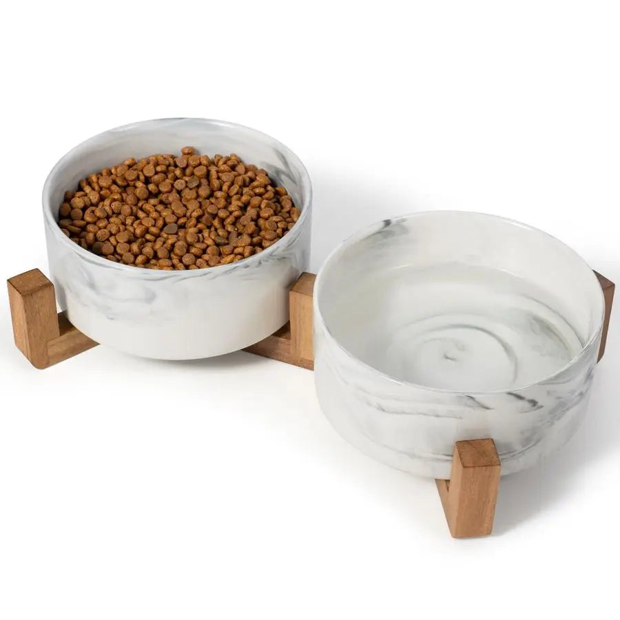 XMSJ Ceramic Pet Bowls With Wood Stand for Medium Dogs