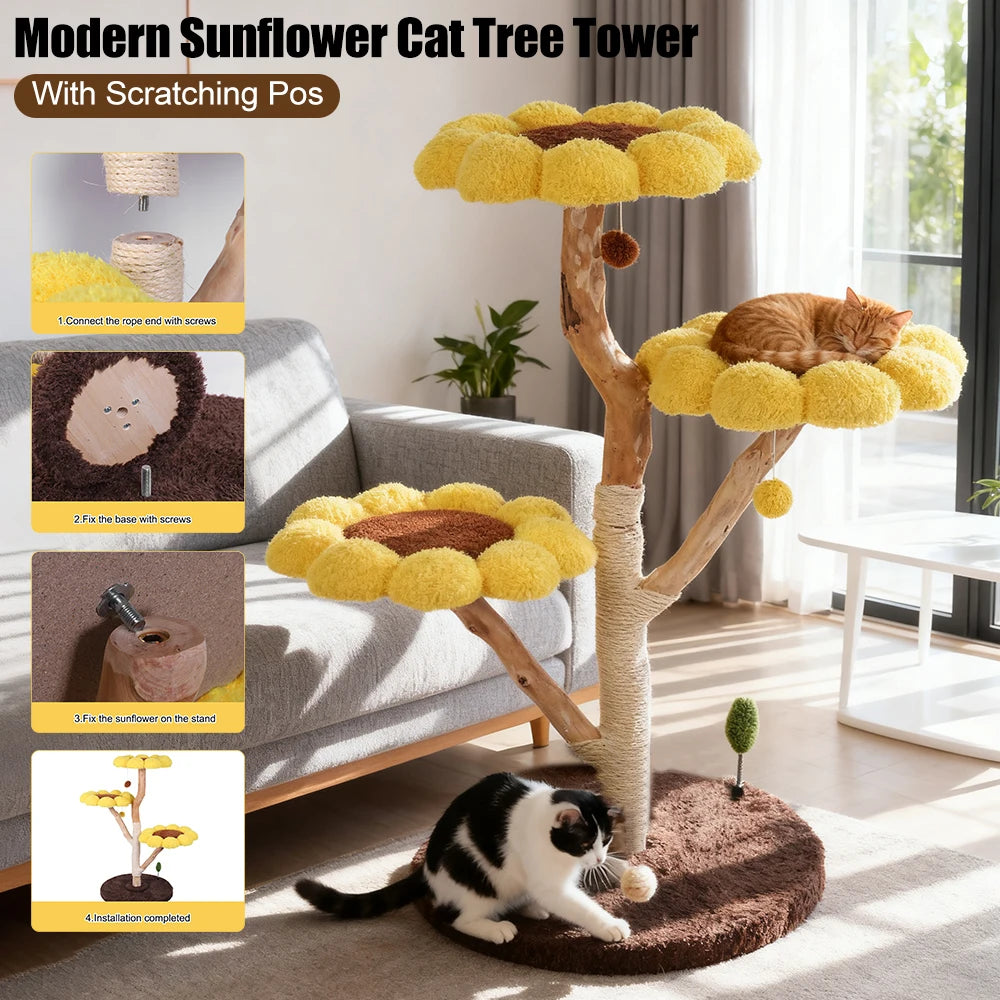CN Guangdong Sunflower Cat Tree Tower With Solid Scratching Post Bed