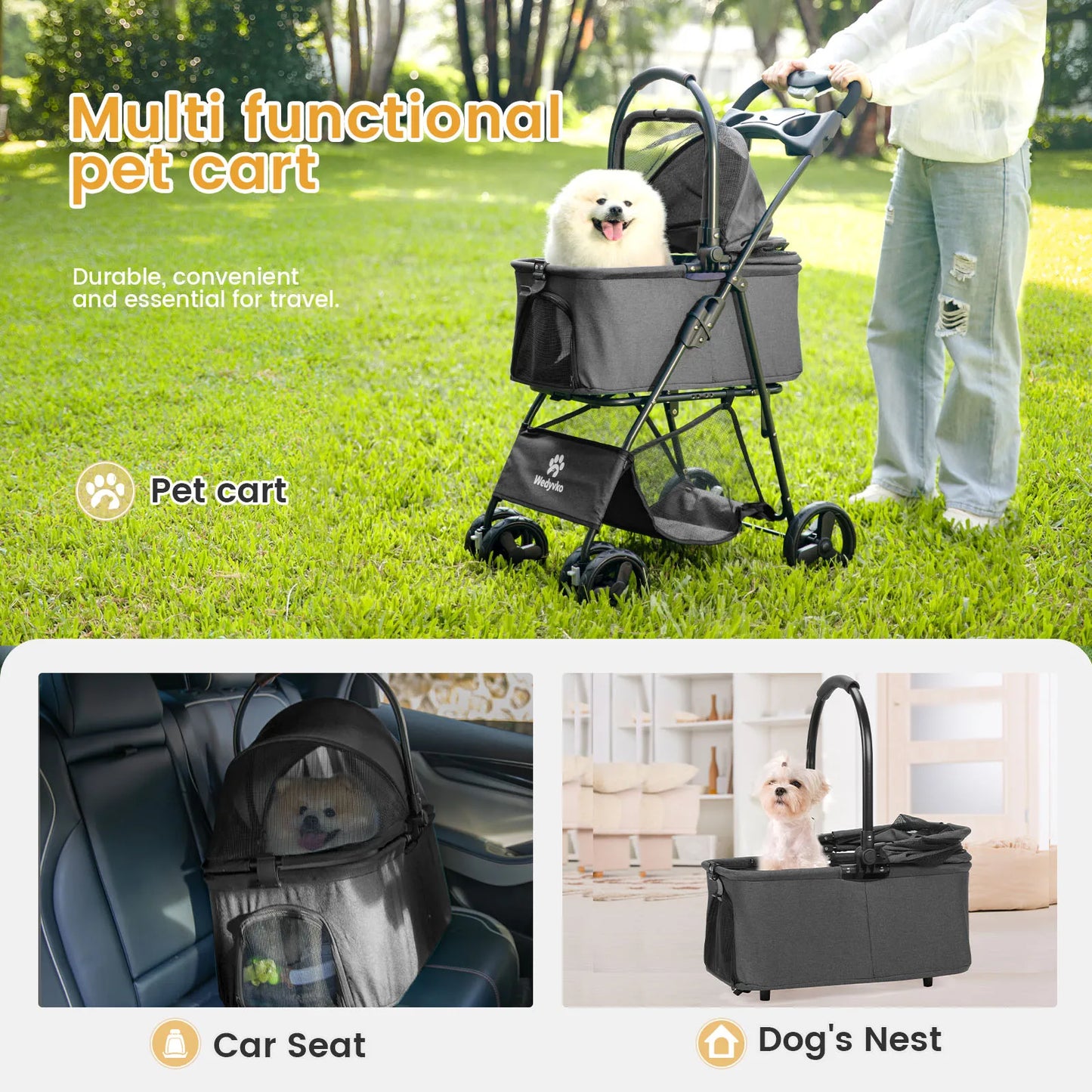 Wedyvko Luxury Detachable Four Wheel Pet Stroller Cup Holder Design