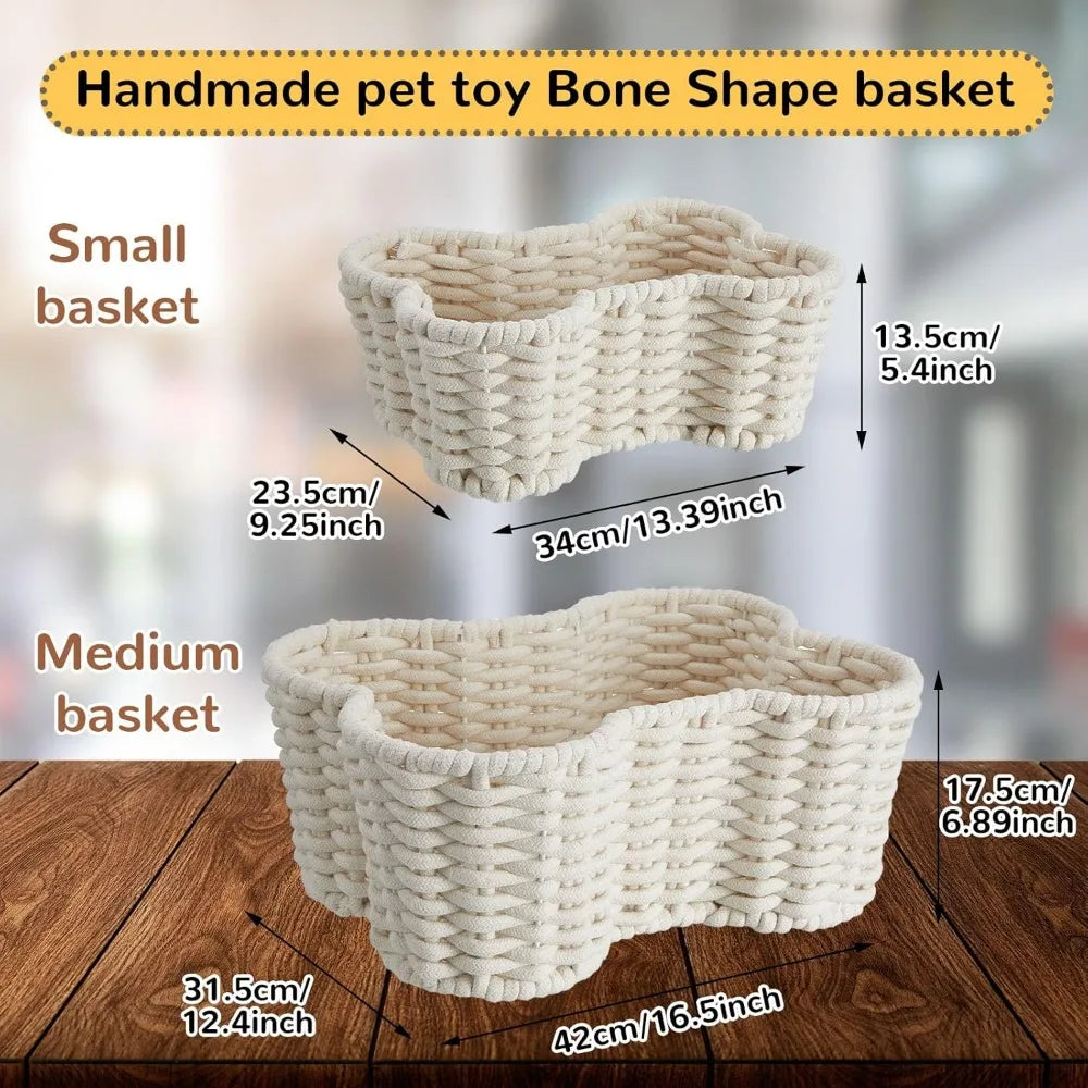 Two Pack Bone Shaped Dog Toy Baskets Handmade Cotton Rope Organizer