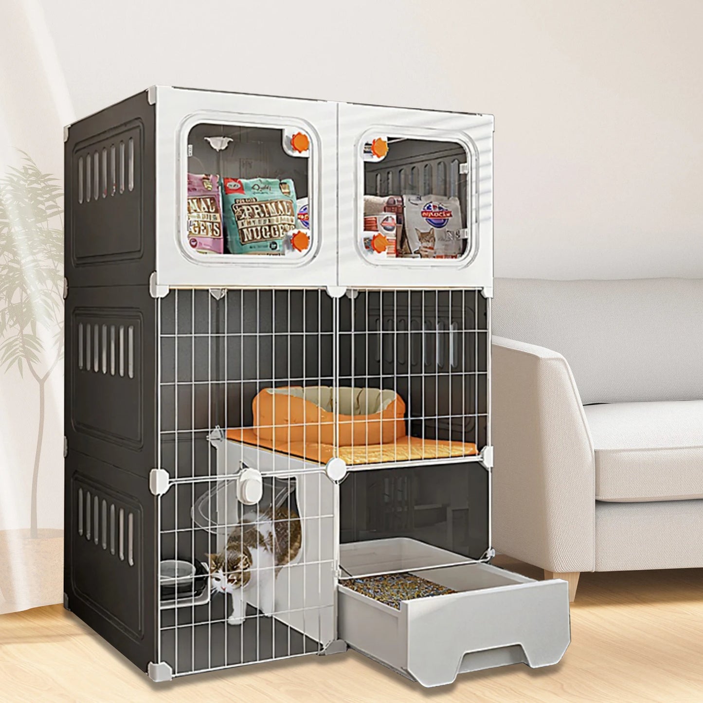 Integrated Cat House With Bed Indoor Cage Scratcher Crate Catio Villa