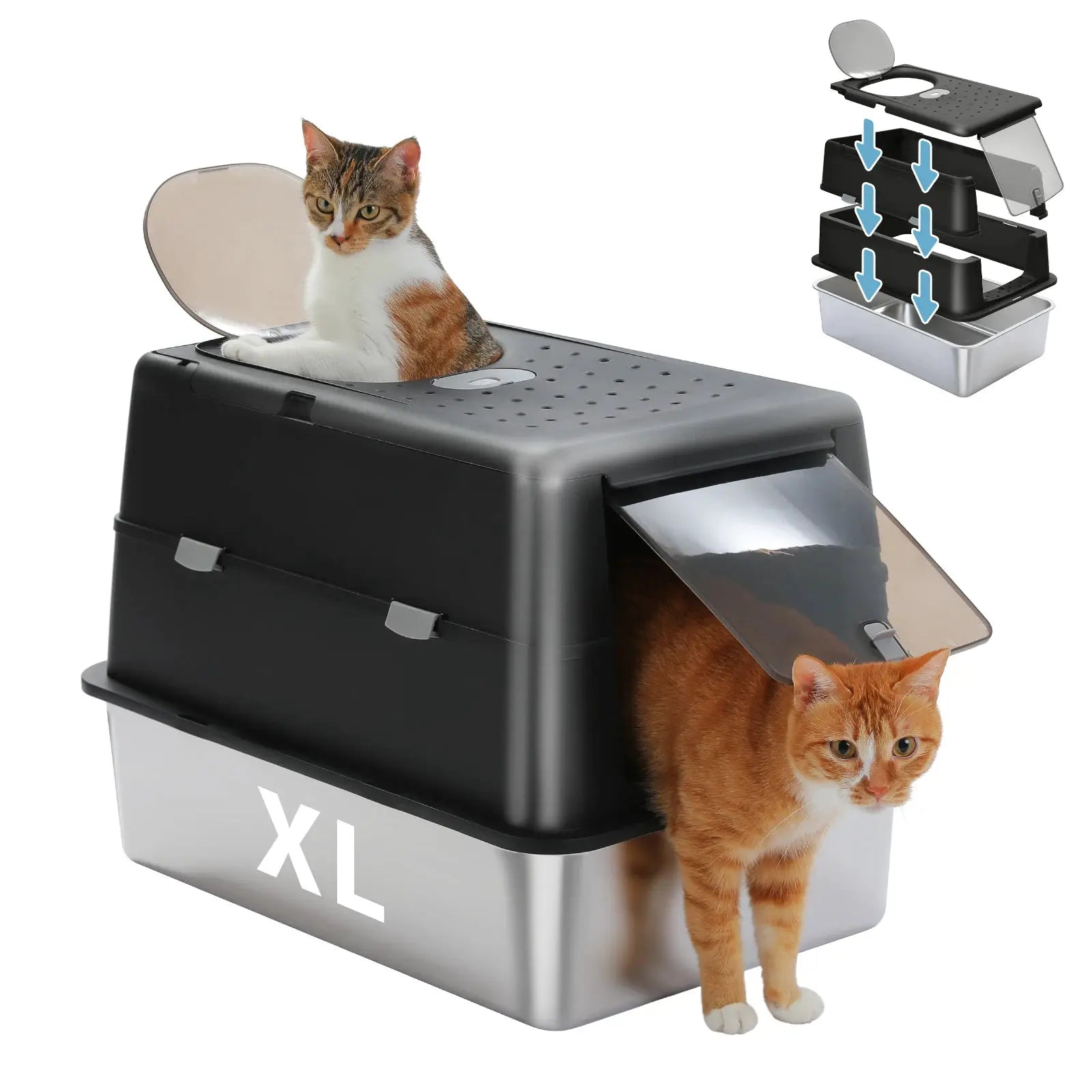 Stainless Steel Cat Litter Box with Scoop, High Sides Large Enclosed Litter Box for Indoor, Front & Top Dual Entry for Big Cats by Furtastic Pet Essentials