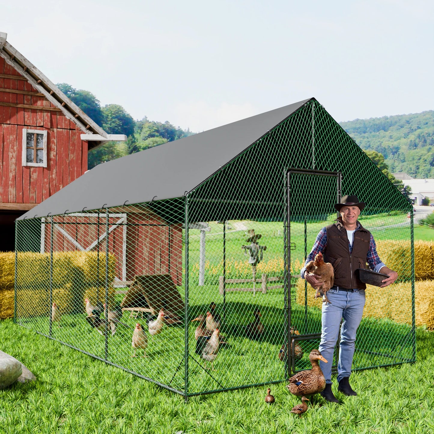 BINGOPAW Upgraded Heavy Duty Metal Chicken Coop With Cover Netting