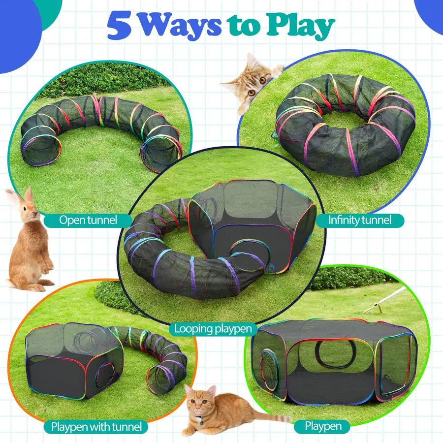Portable Rainbow Cat Enclosure Playpen With Storage Bag And Stakes