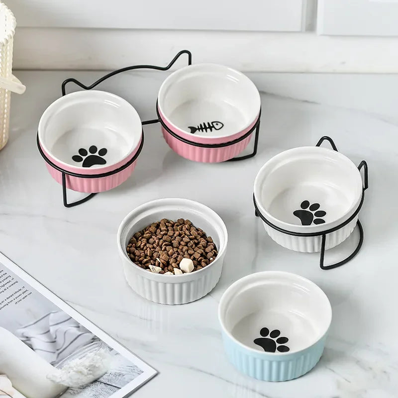 Ceramic Elevated Pet Bowl For Dogs And Cats With Bracket