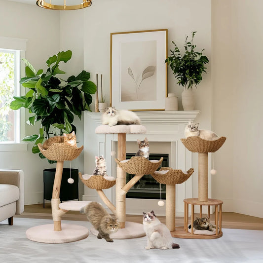 BORWARTCN Three-Tier Plush Cat Tree Tower With Scratching Posts