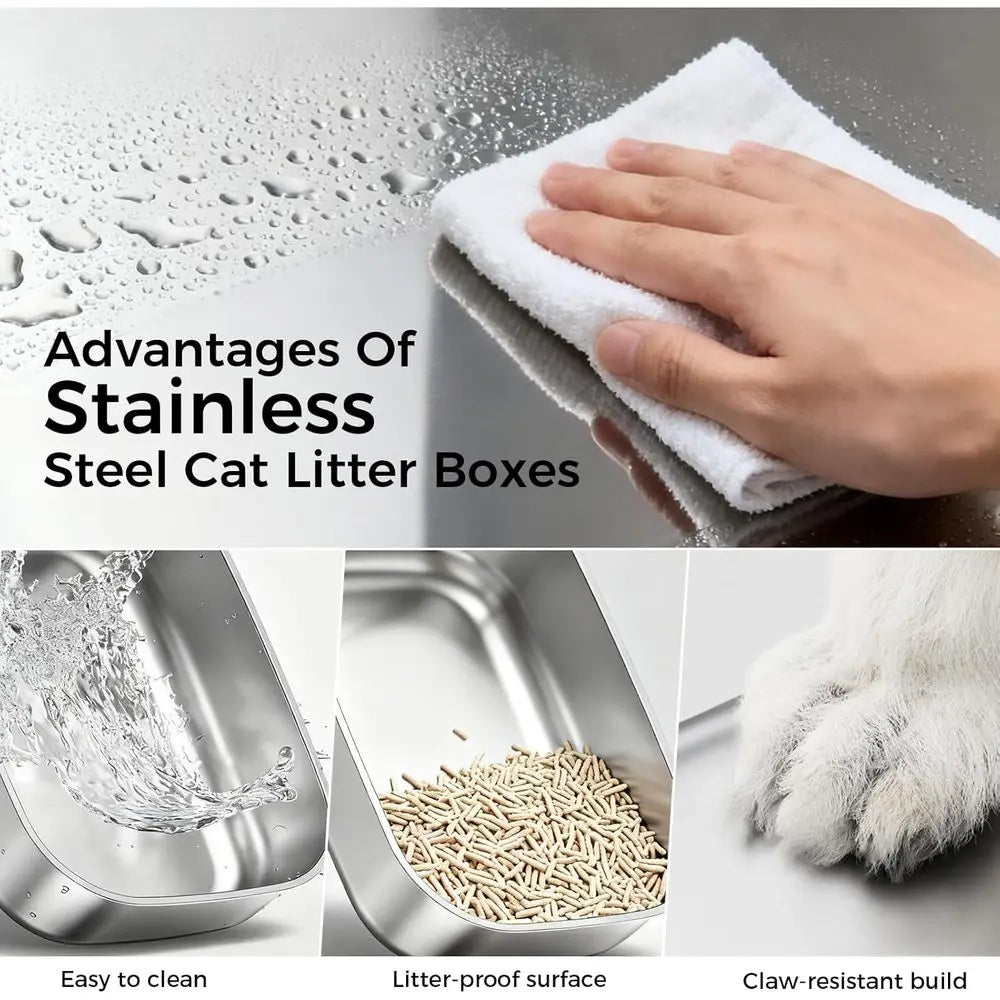 High-Sided Stainless Steel Cat Litter Box With Lid And Scoop