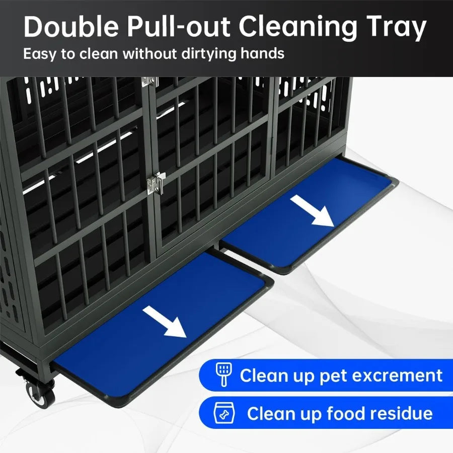 Heavy Duty Dog Crate With Wheels Folding Metal Cage Indestructible