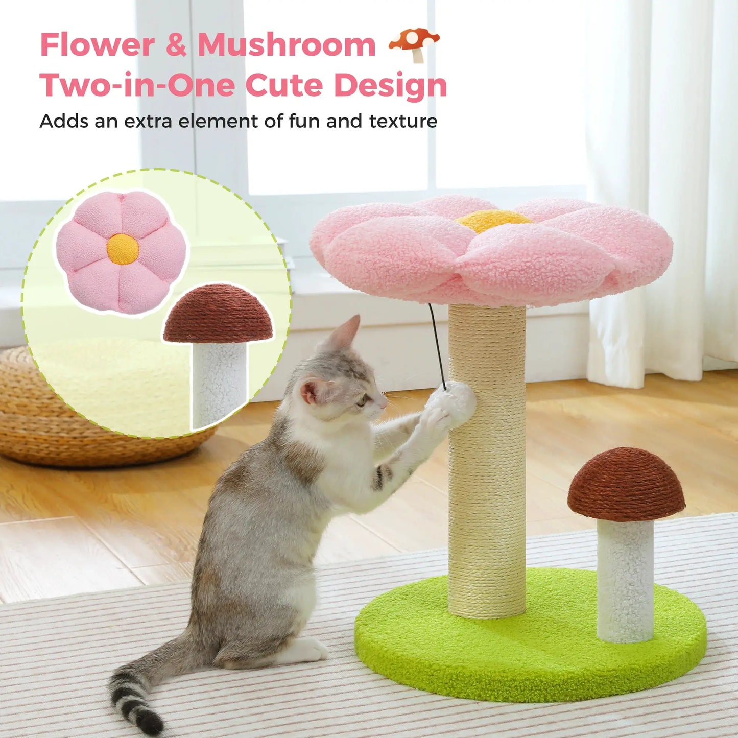 Small Cat Scratching Posts with Removable Flower Cat Bed Interactive Toy Ball Cute Mushroom Cat Scratcher for Indoor Cat Toys by Furtastic Pet Essentials