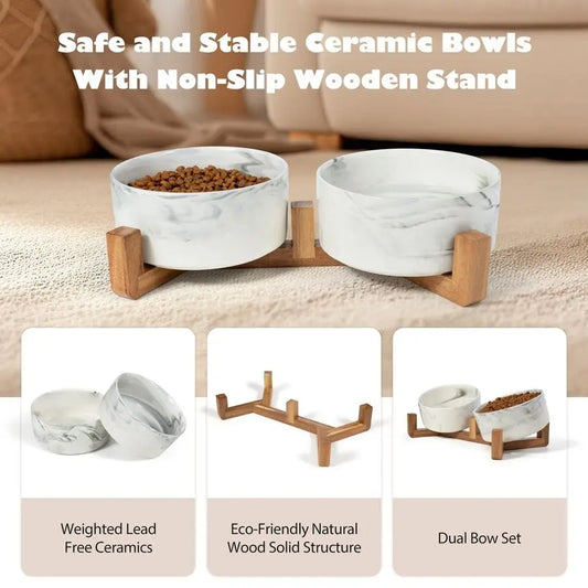 XMSJ Ceramic Pet Bowls With Wood Stand for Medium Dogs