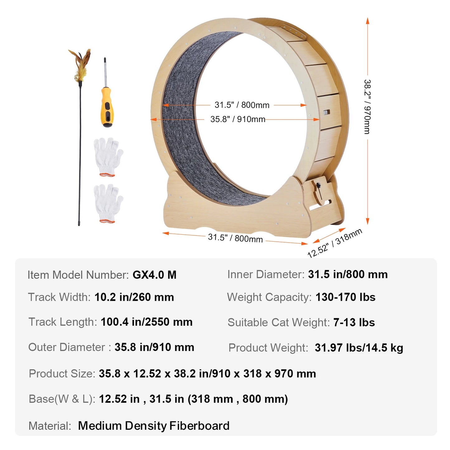 Wooden Cat Exercise Wheel for Indoor Cats with Detachable Carpet and Teaser