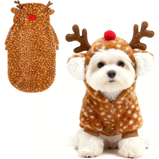 Dog Christmas Hoodie Reindeer Costume Fluffy Sweater Coat