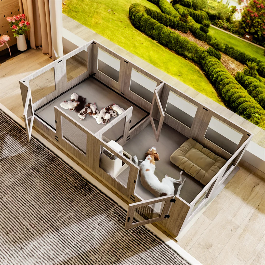 High-Concerned Tempered Glass Pet Whelping Box With Waterproof Pad Playpen