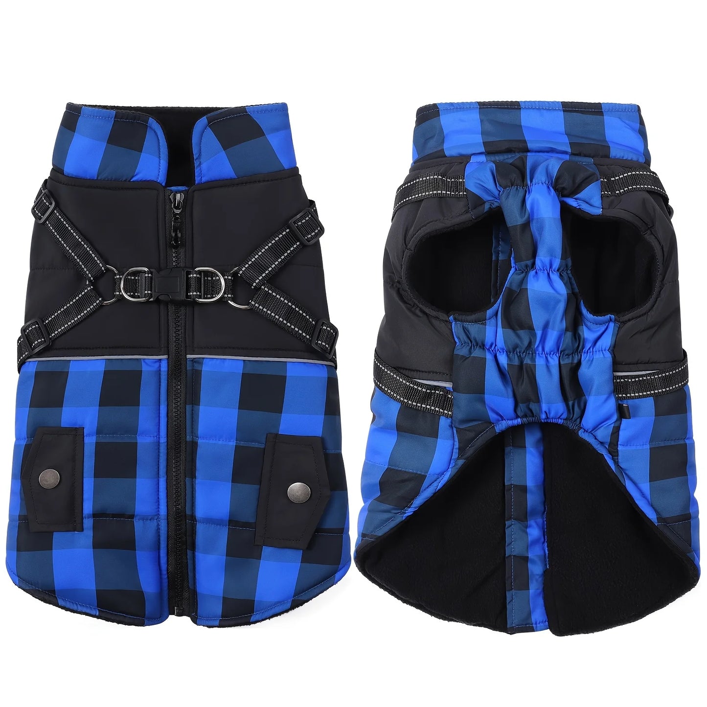 Plaid Padded Dog Jacket With Harness Windproof Cold Weather
