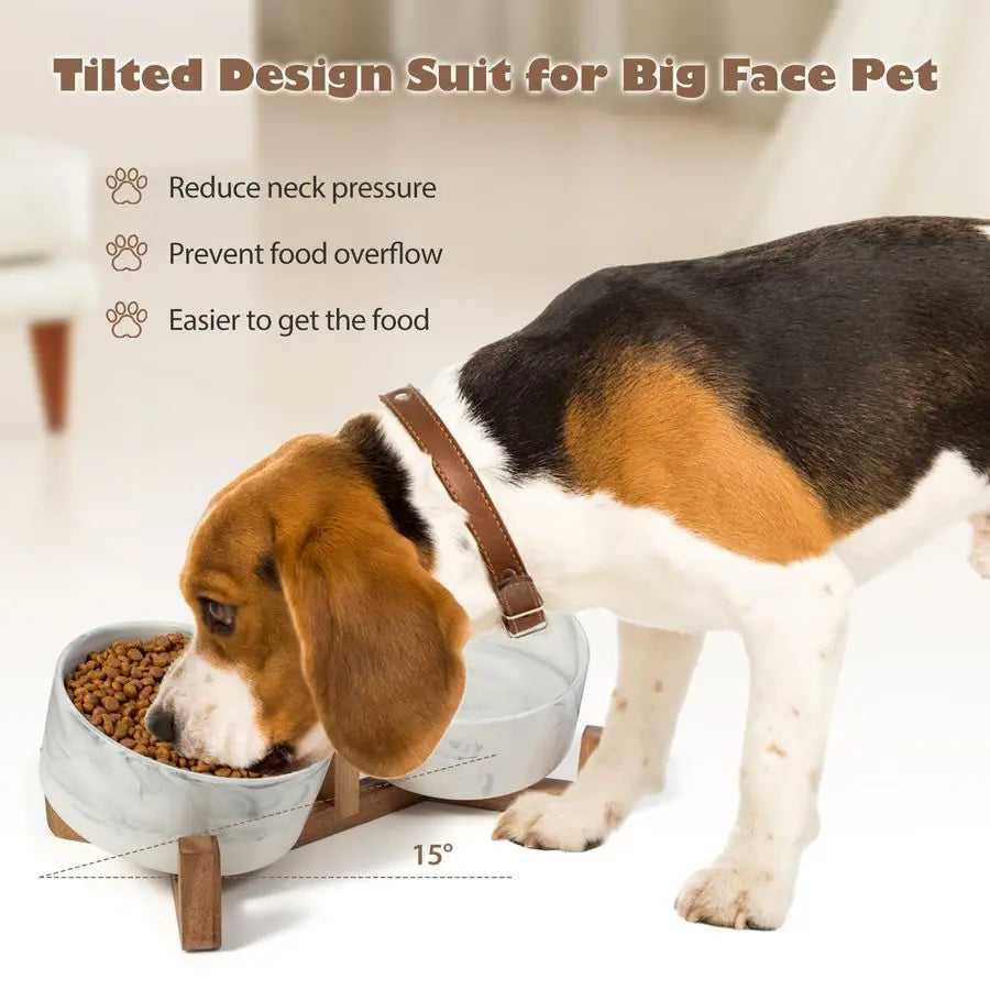 XMSJ Ceramic Pet Bowls With Wood Stand for Medium Dogs