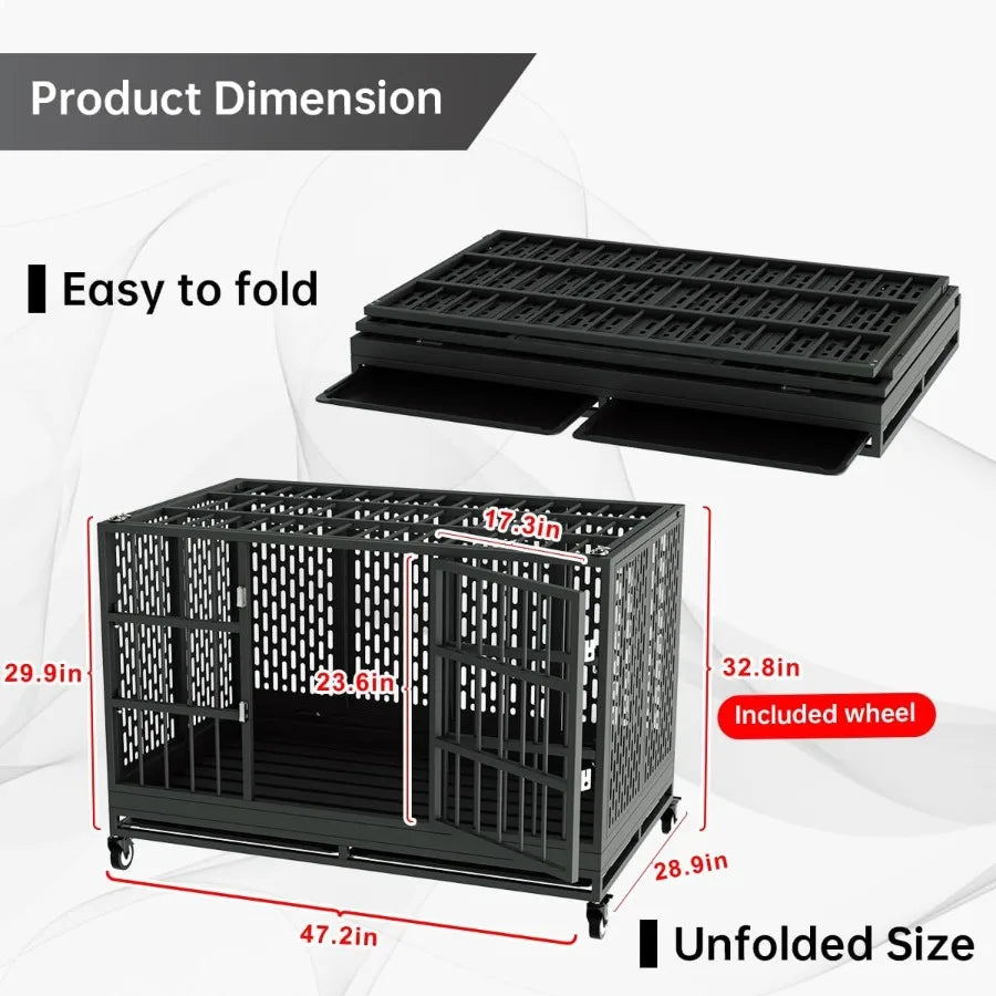 Heavy Duty Dog Crate With Wheels Folding Metal Cage Indestructible