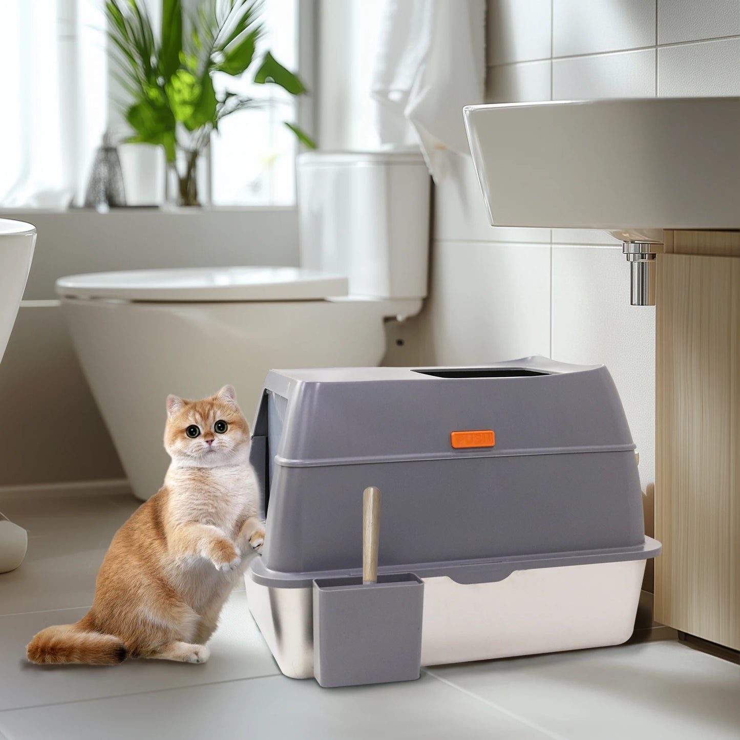 Cat Litter Box With Lid Enclosed Top Entry Anti Splashing
