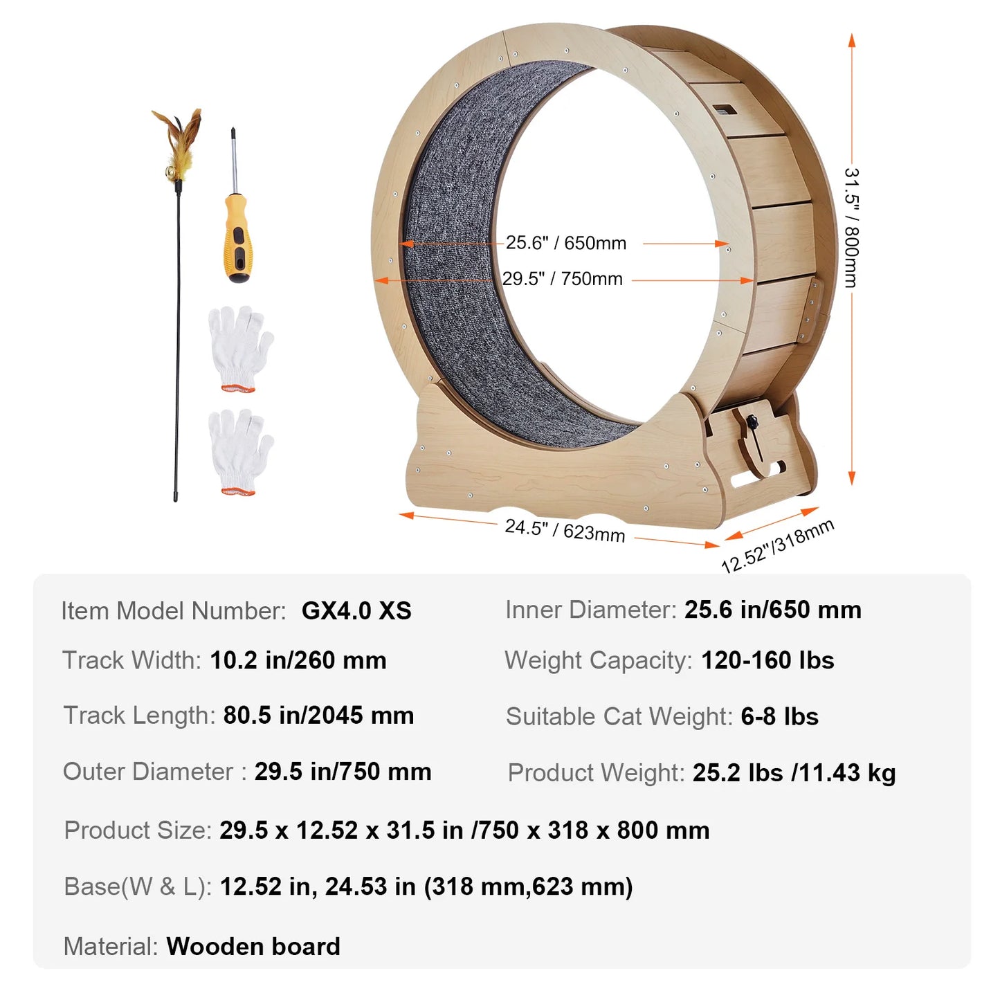 Wooden Cat Exercise Wheel for Indoor Cats with Detachable Carpet and Teaser