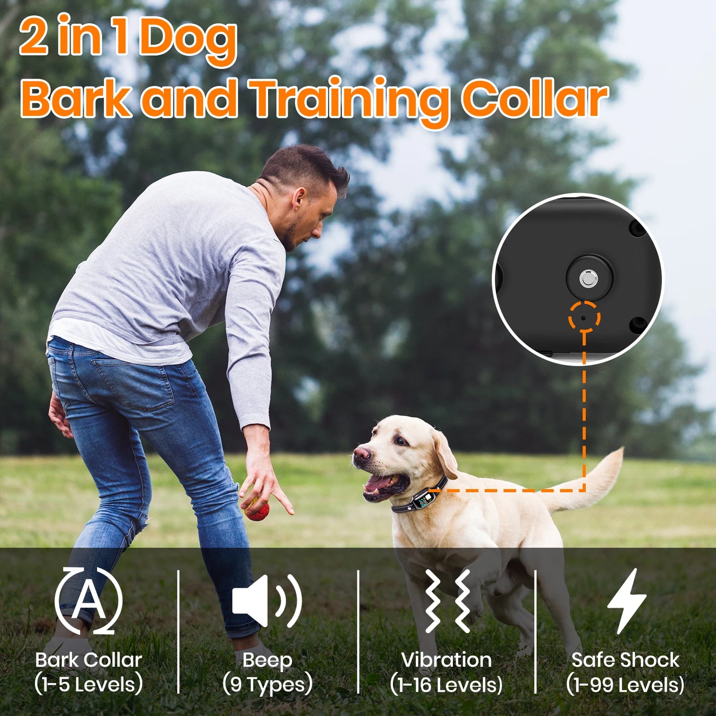 PaiPaitek 2 In 1 Dog Training Collar 3 Channel Bark Control IPX7 Waterproof