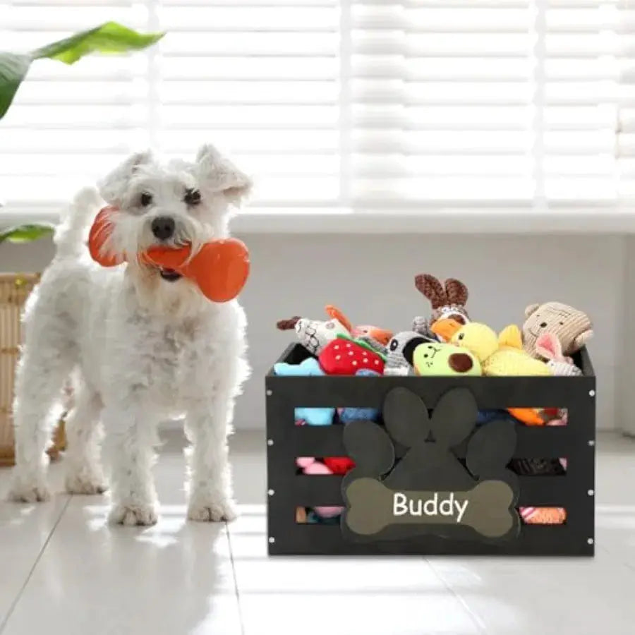 Large Dog Toy Basket Wood Dog Toy Bin Storage Baskets Box with Handles and Label Position Design Large Organizer with Paw Patte by Furtastic Pet Essentials