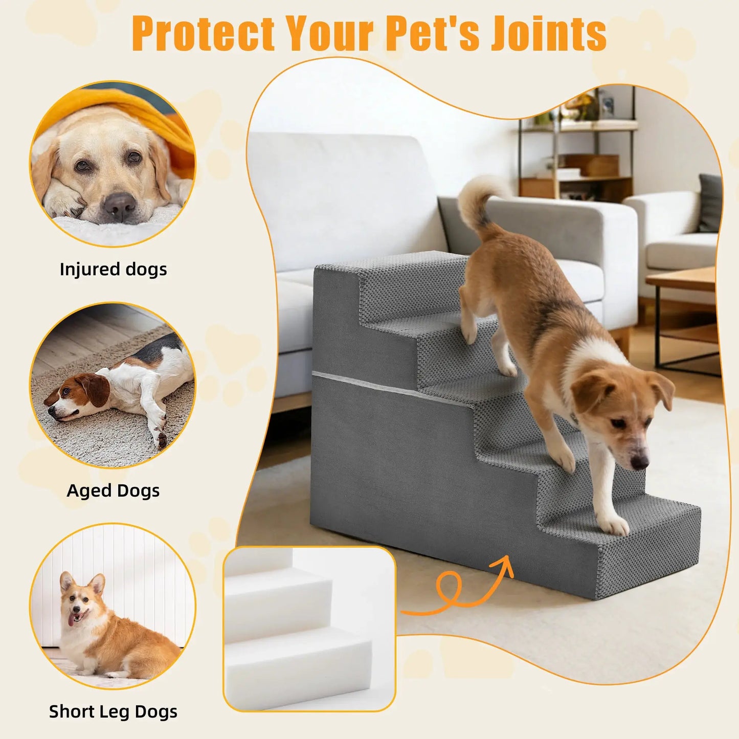 JHK 3-5 Step Right Angled Foam Dog Stairs Ramp for Small Dogs Climbing Ladder Indoor Non-Slip Pet Ladder Ramp Stairs For Home by Furtastic Pet Essentials