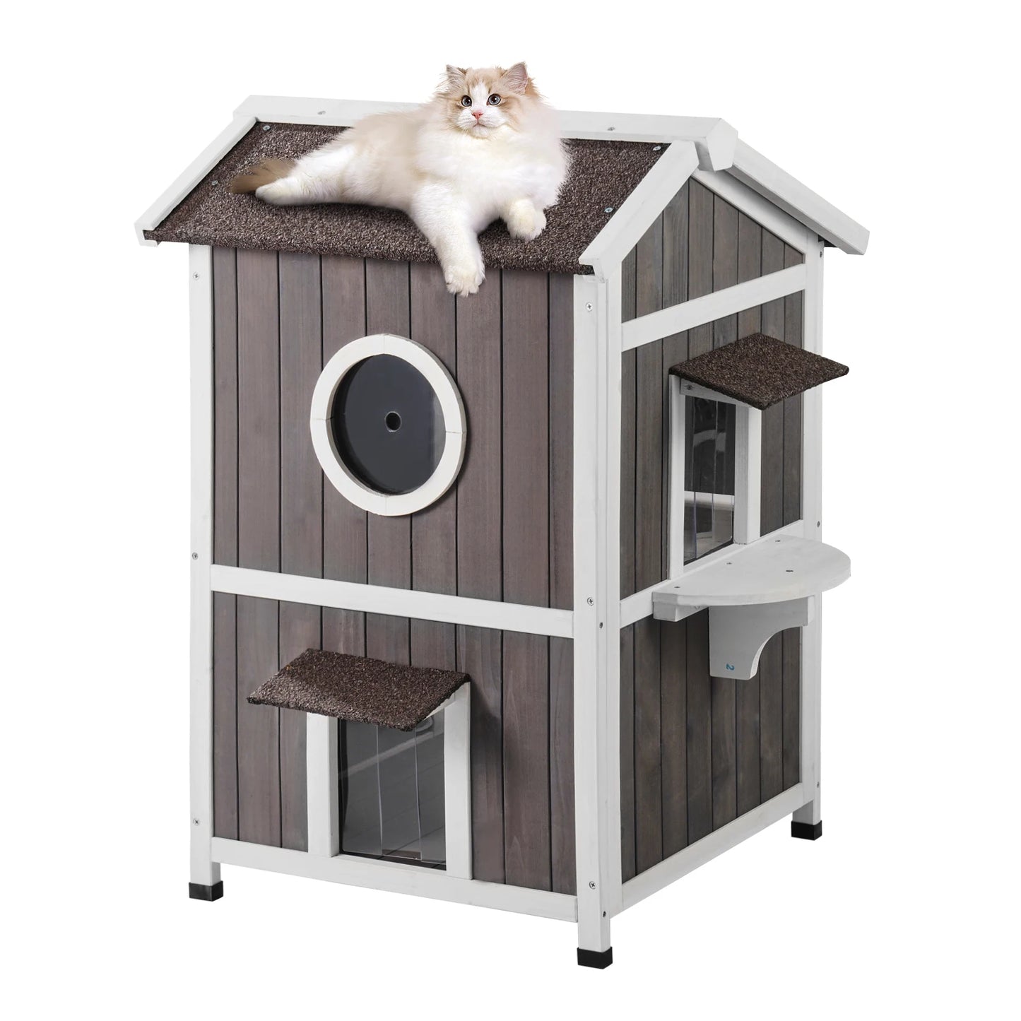 SucceBuy Weatherproof Outdoor Cat House For Multiple Cats With Doors Window