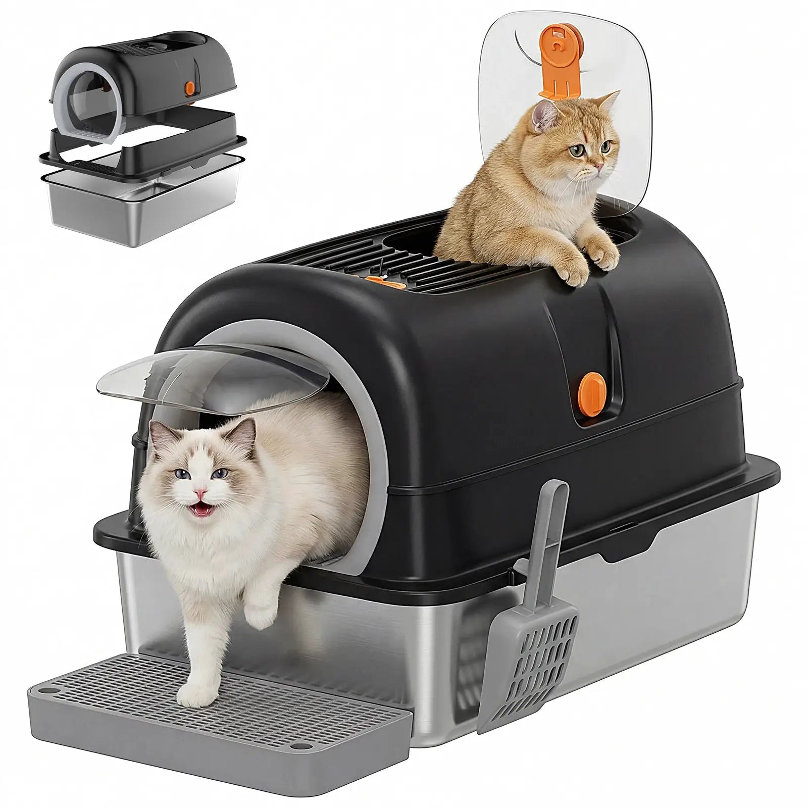 JHK 24IN Stainless Steel Cat Litter Box with Fully Enclosed 30L Large Cat Litter Box for Big Cats Cat Box Scoop and Mat Included by Furtastic Pet Essentials