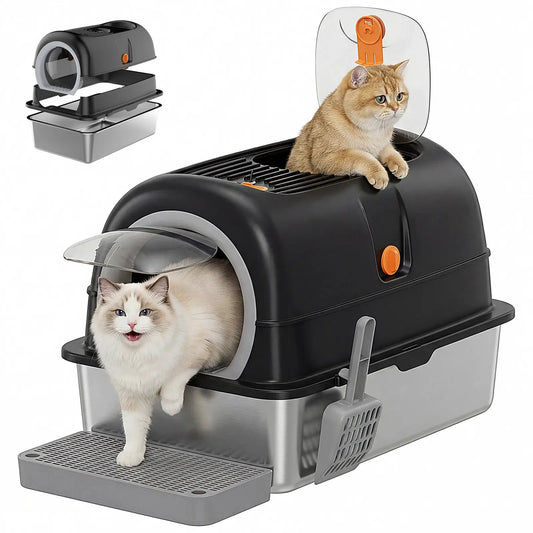 JHK 24IN Stainless Steel Cat Litter Box with Fully Enclosed 30L Large Cat Litter Box for Big Cats Cat Box Scoop and Mat Included by Furtastic Pet Essentials