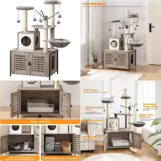 HOOBRO All In One Wooden Cat Tower With Litter Box Enclosure