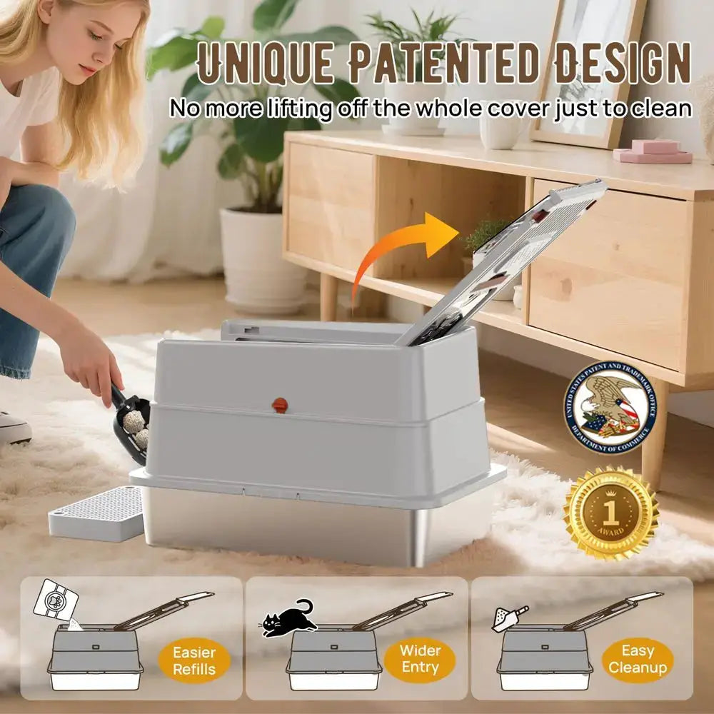 Steel Litter Box with Lid, SUS304 Metal Cat Litter Boxes, Enclosed Extra Large Kitty LitterBox High Wall, Jumbo Cat Toilet Odor by Furtastic Pet Essentials