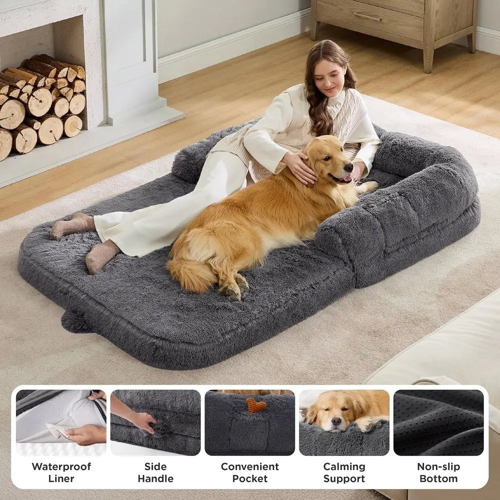 Foldable Human Dog Bed 2 In 1 With Supportive Bolster