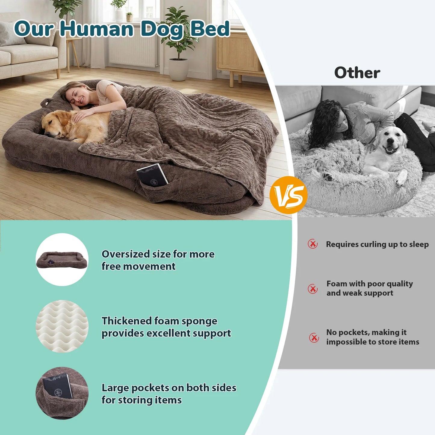 Dog Bed Washable Plush Non Slip With Blanket And Pocket