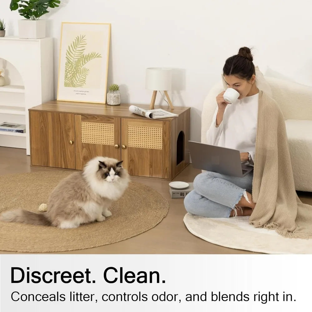 Wooden Cat Litter Box Enclosure With Storage And Adjustable Divider