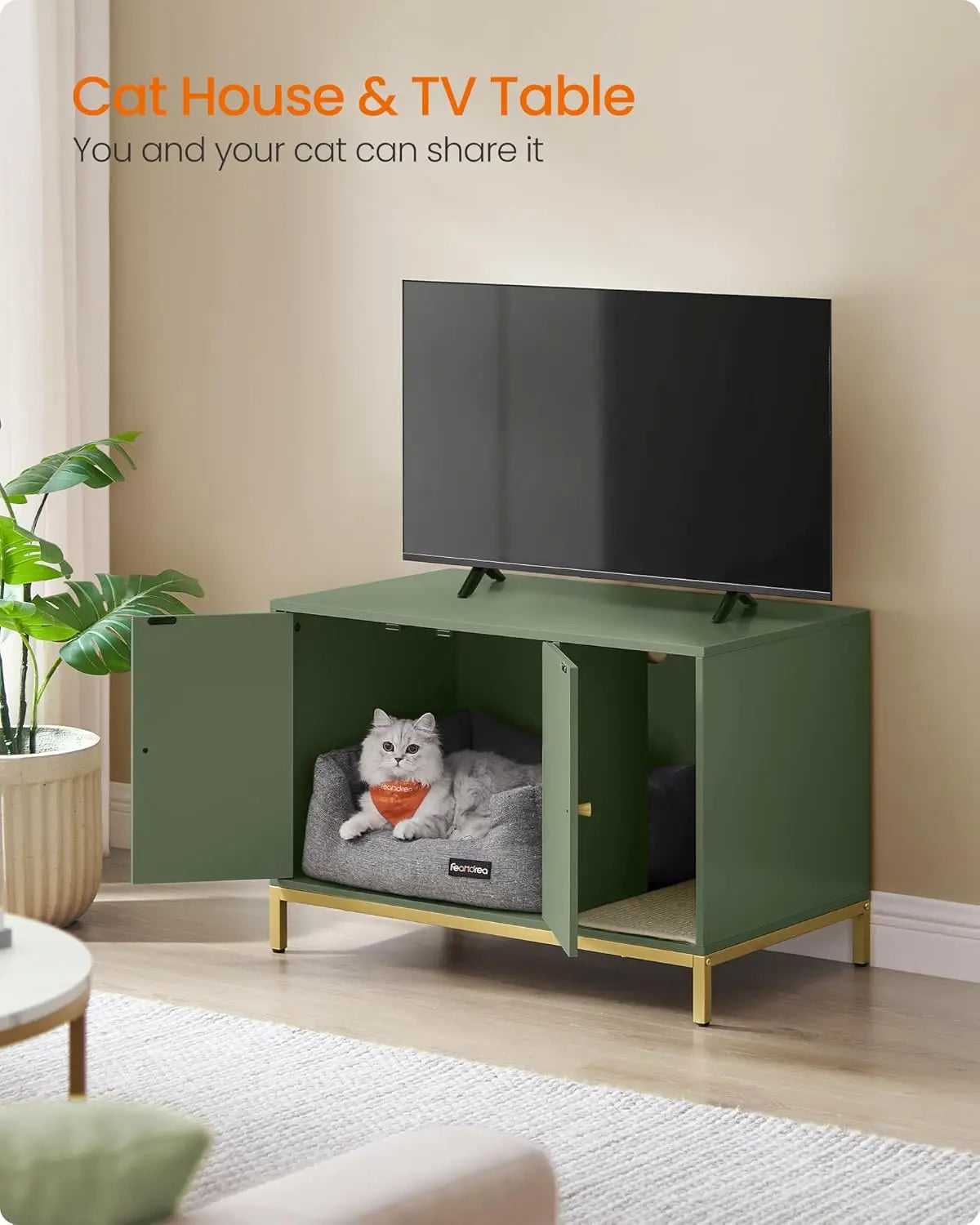 Modern Cat Litter Box Enclosure With Scratching Mat And Table