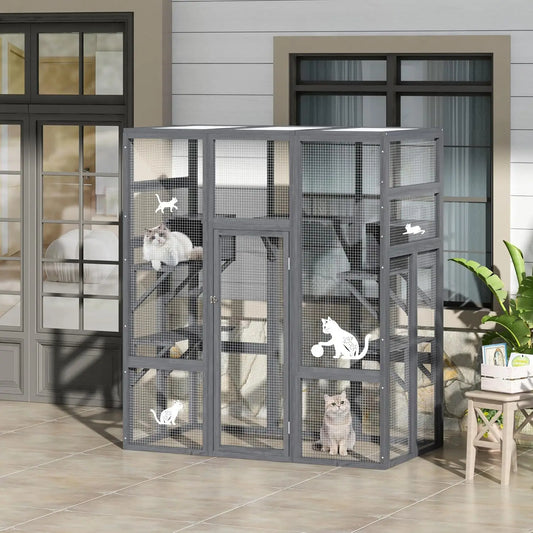Wooden Outdoor Cat Catio Enclosure With Perches And Condos