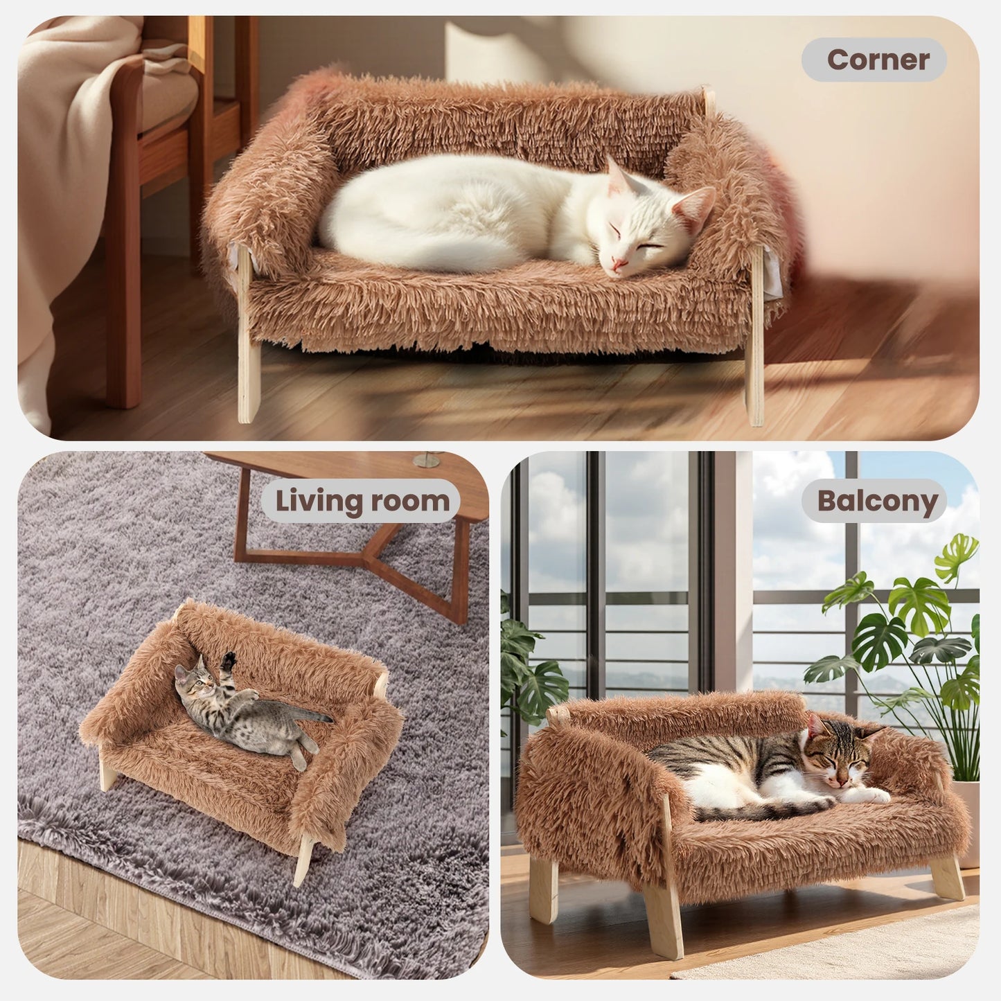 Raised Plush Cat Bed With Sturdy Wooden Leg Frame Sofa